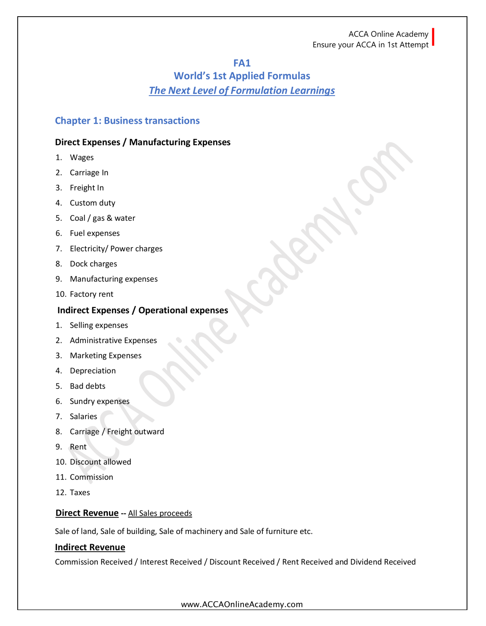 FA-1 Formulas Notes (Chapter-wise) – ACCA Online Academy