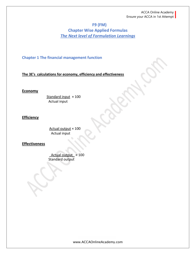 F9 (FM) Formulas Notes – ACCA Online Academy
