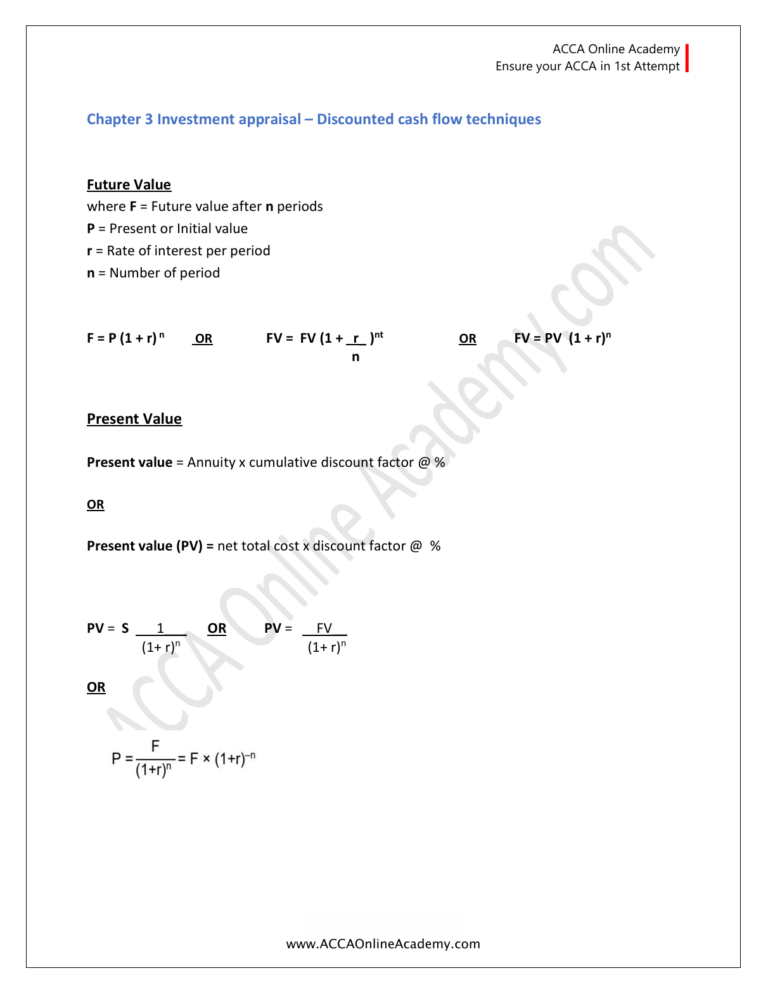 F9 (FM) Formulas Notes – ACCA Online Academy